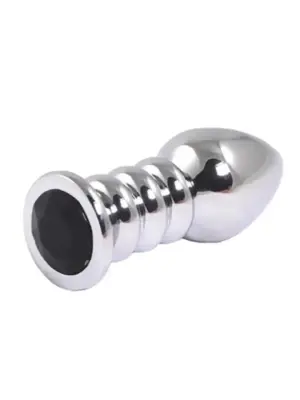 Silver large ribbed butt plug with black crystal