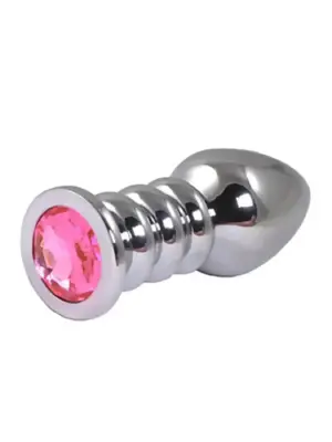 Silver large ribbed butt plug with pink crystal