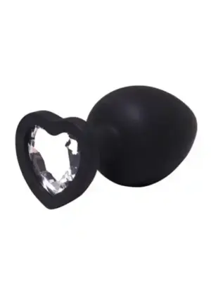 Medium black silicone anal plug with a heart and a diamond