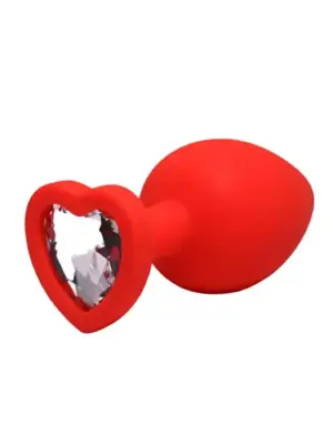 Red medium heart-shaped butt plug with white crystal