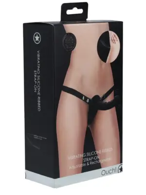Ouch! - Vibrating - Rechrgeable - 10 Speed Silicone Ribbed Strap-On - Adjustable - Black