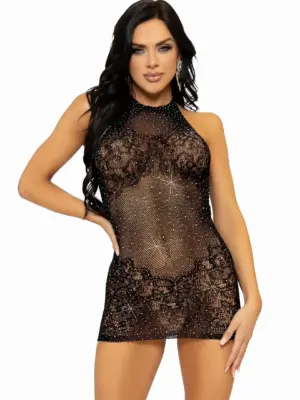 Rhinestone Lace and Net Halter Mini Dress
