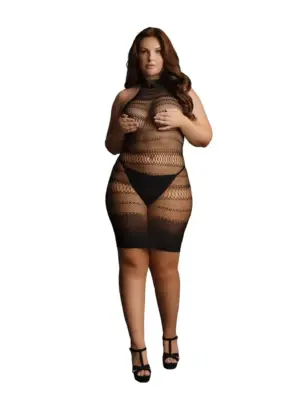 High Lace Neck Net Mini Dress - Queen Size - Black