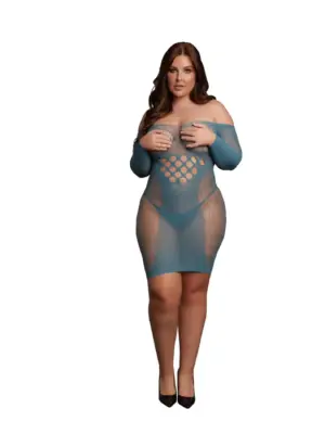 Long-Sleeved Net Mini Dress - Queen Size - Blue