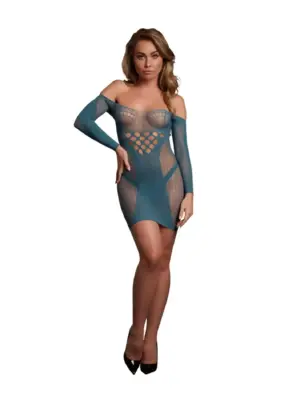 Long-Sleeved Net Mini Dress - One Size - Blue